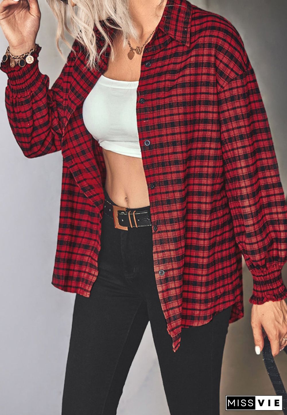 Checkered Print Shirred Cuff Blouse