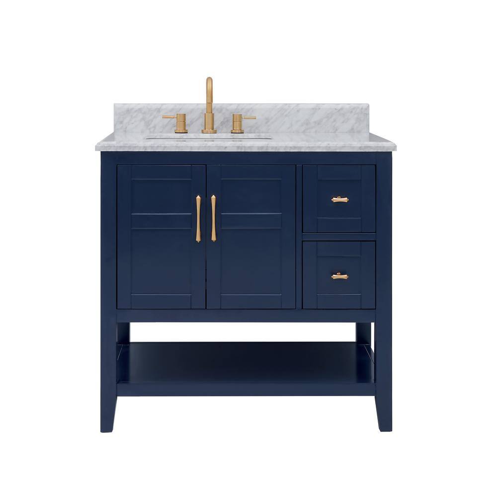 Home Decorators Collection Sturgess 37 in. W x 22 in. D x 35 in. H Open Shelf Vanity in Navy Blue with White Marble Vanity Top 19111S-VS37C-NB