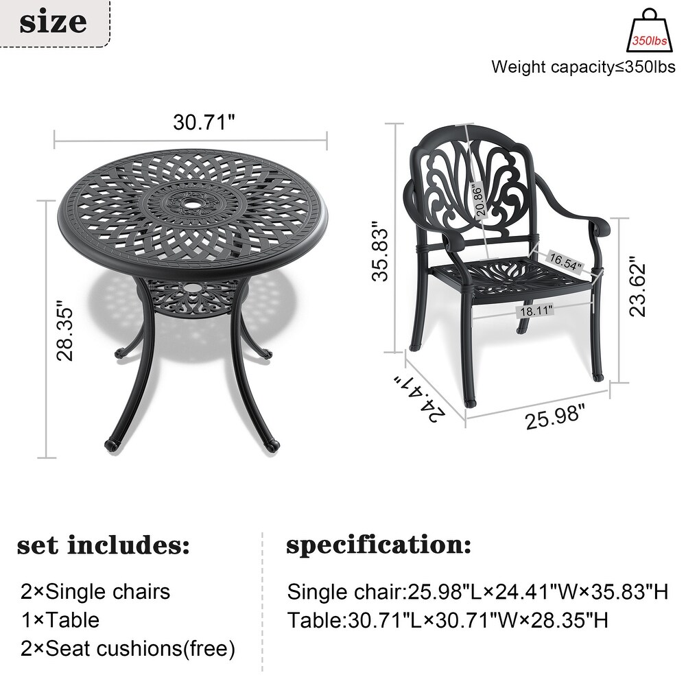 3 Piece Black Cast Aluminum Patio Furniture with Cushions In Random Colors
