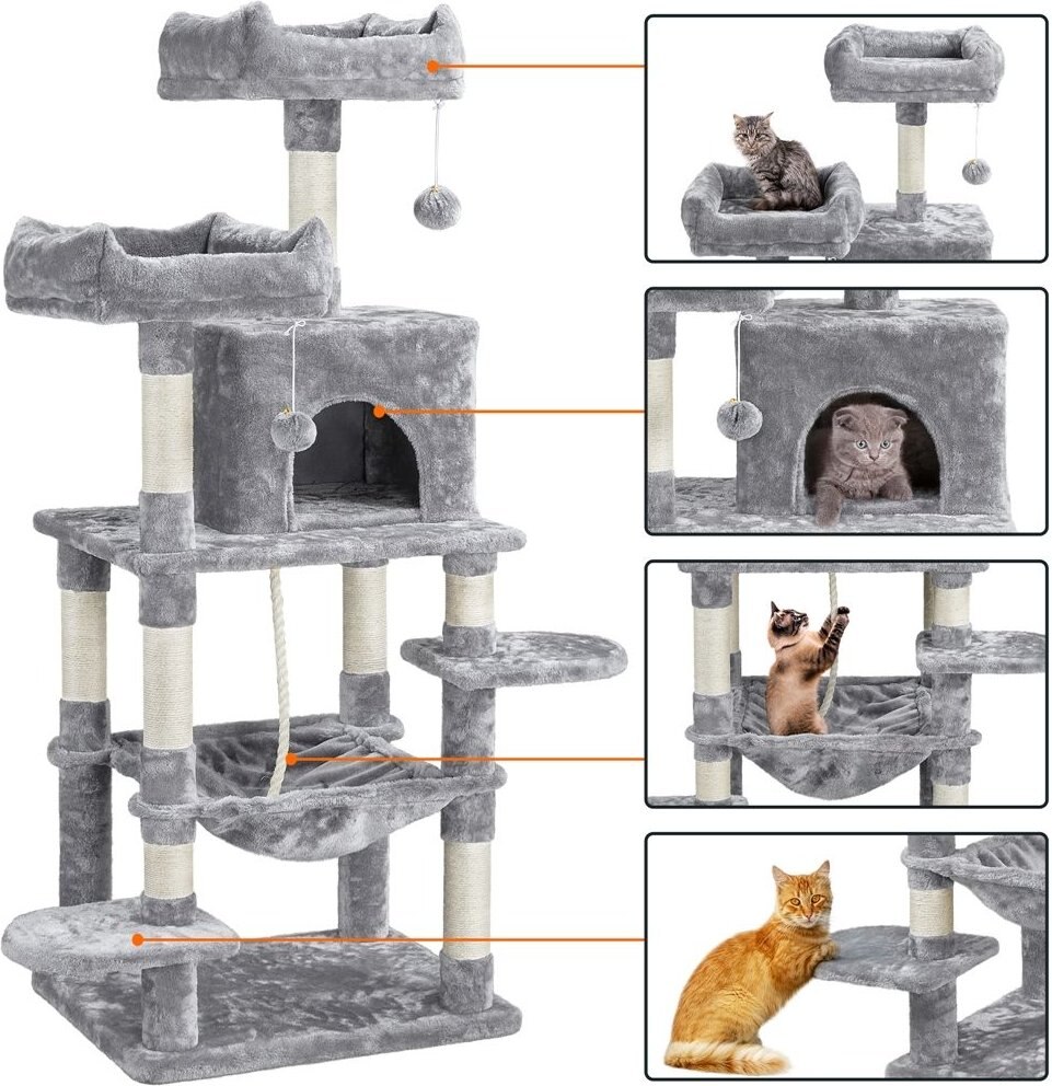 Yaheetech 59-in Plush Cat Tree and Condo， Dark Gray