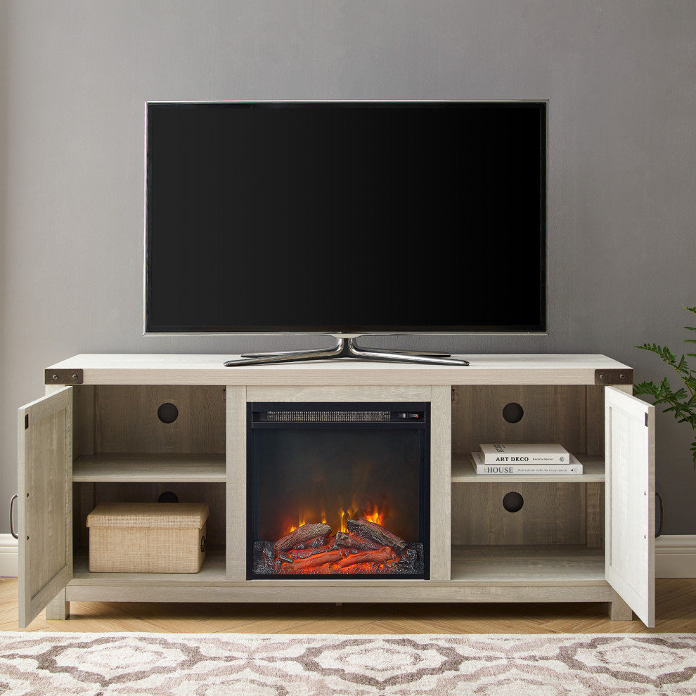 58 quotBarn Door Fireplace  Stone Gray   Transitional   Entertainment Centers And Tv Stands   by Walker Edison  Houzz