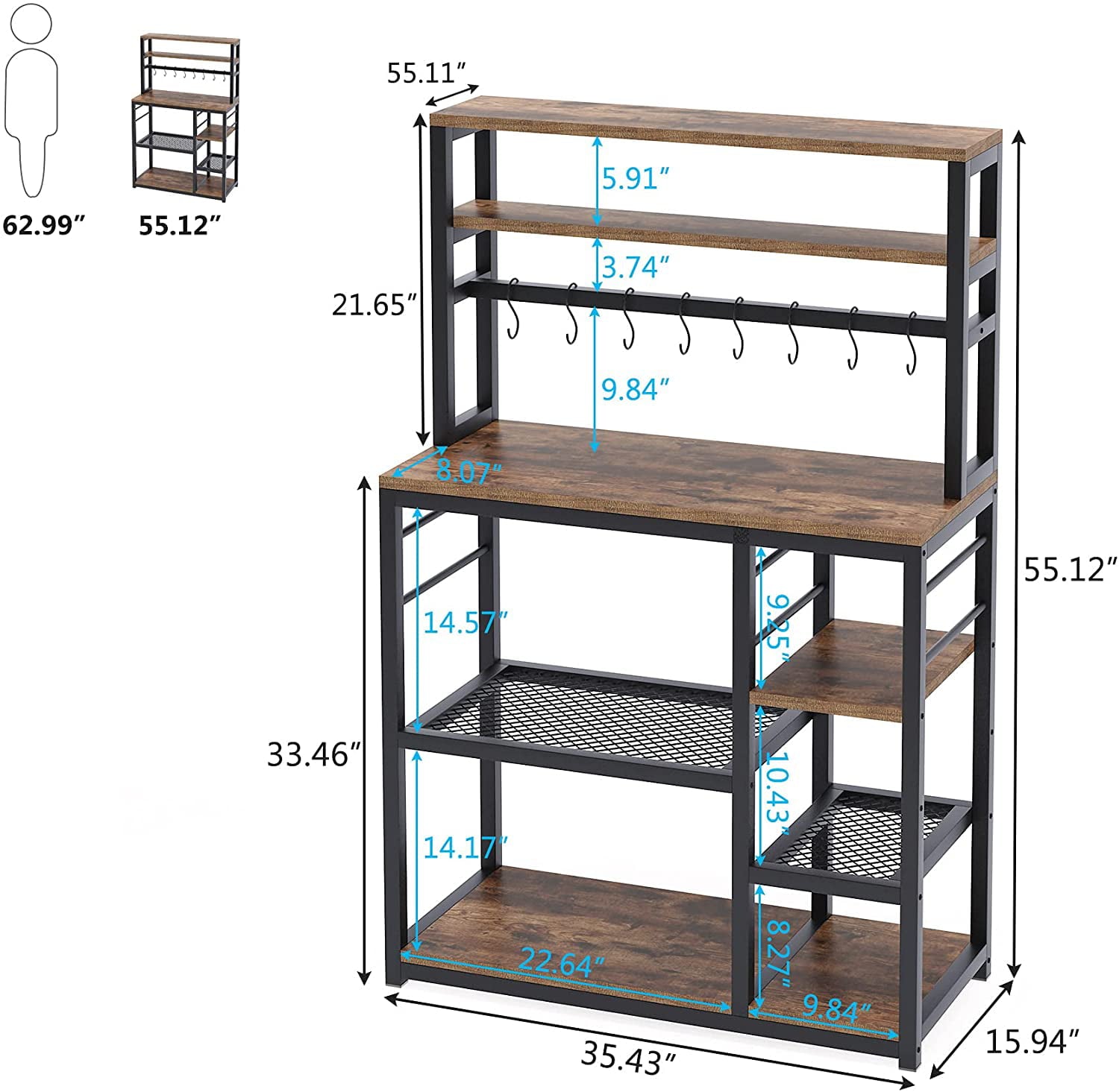 Tribesigns 55 inch Tall Kitchen Baker Rack， Industrial Microwave Cart Coffee Bar Brown