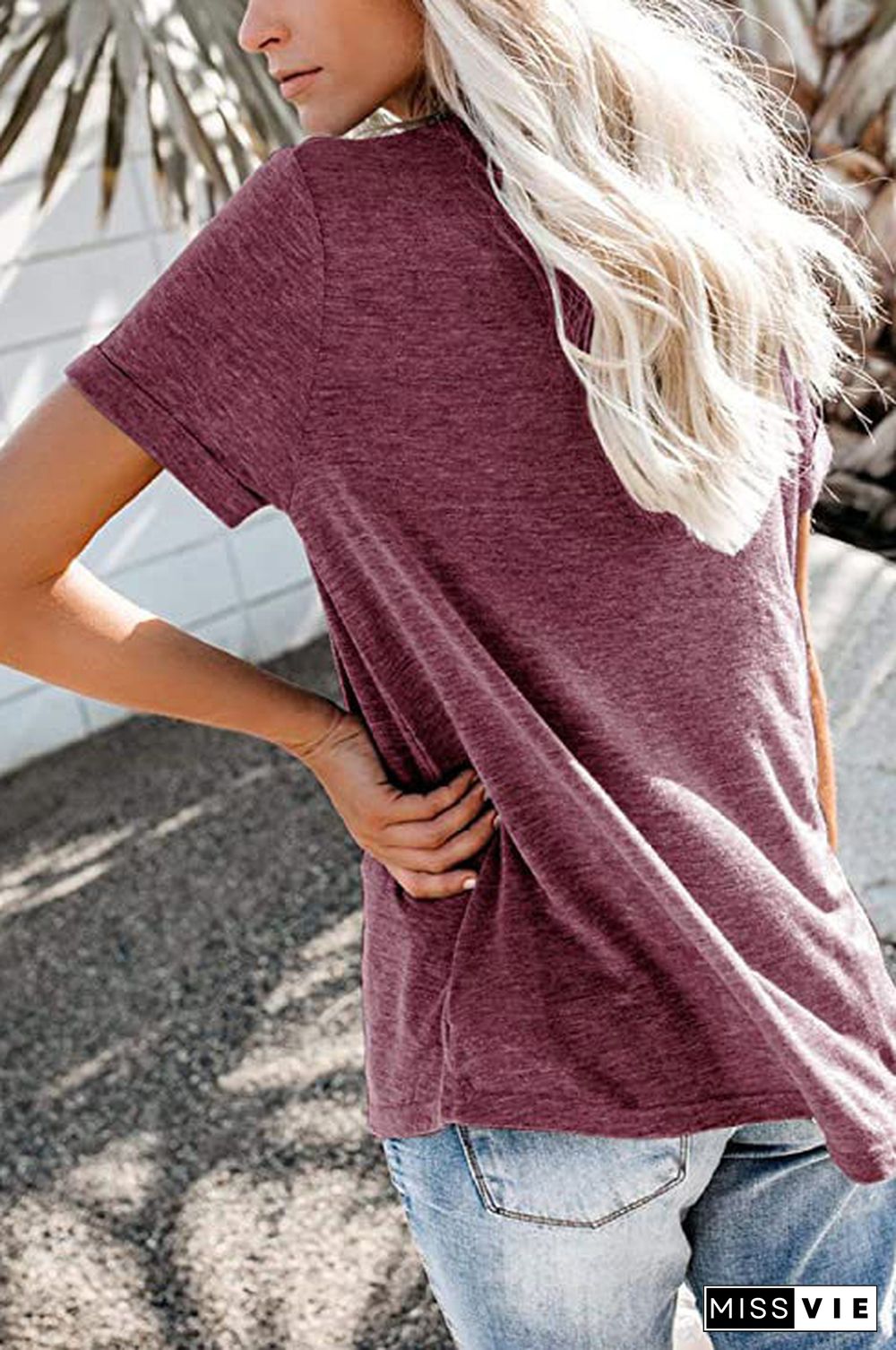 Wine Red Round Neck Pocket T-shirts