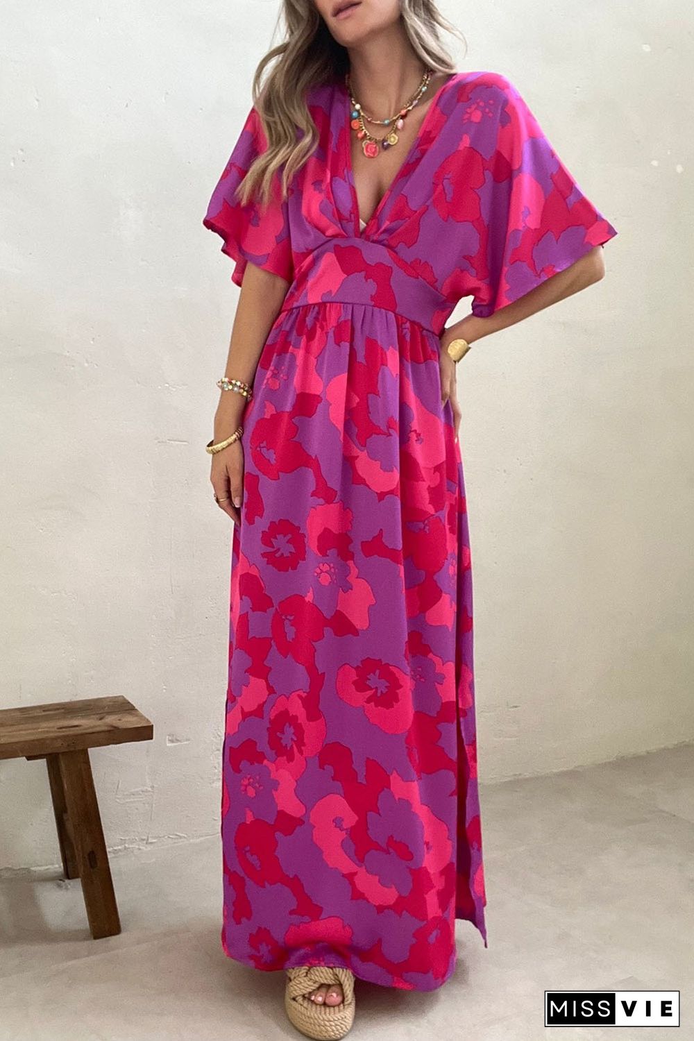 Rose Abstract Floral Print V Neck Dolman Maxi Dress