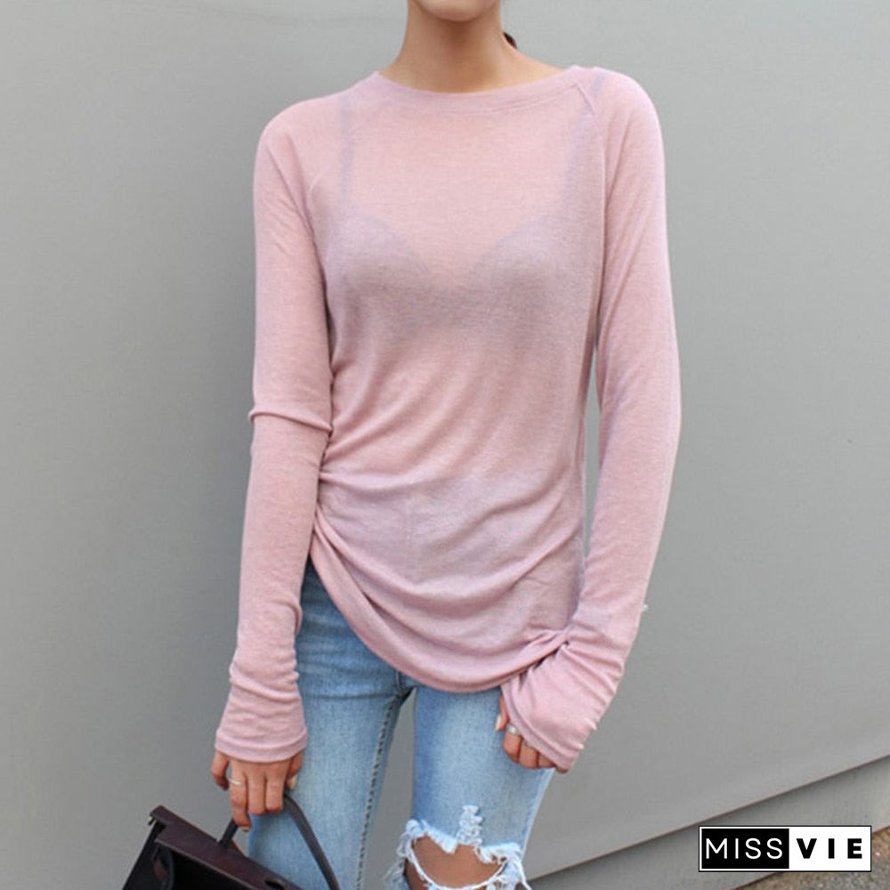 Sexy Women Long Sleeve T-Shirt O-Neck Slim Fit Warm Spring Summer Basic T-Shirts Korean Women Tops Black White Blue Pink