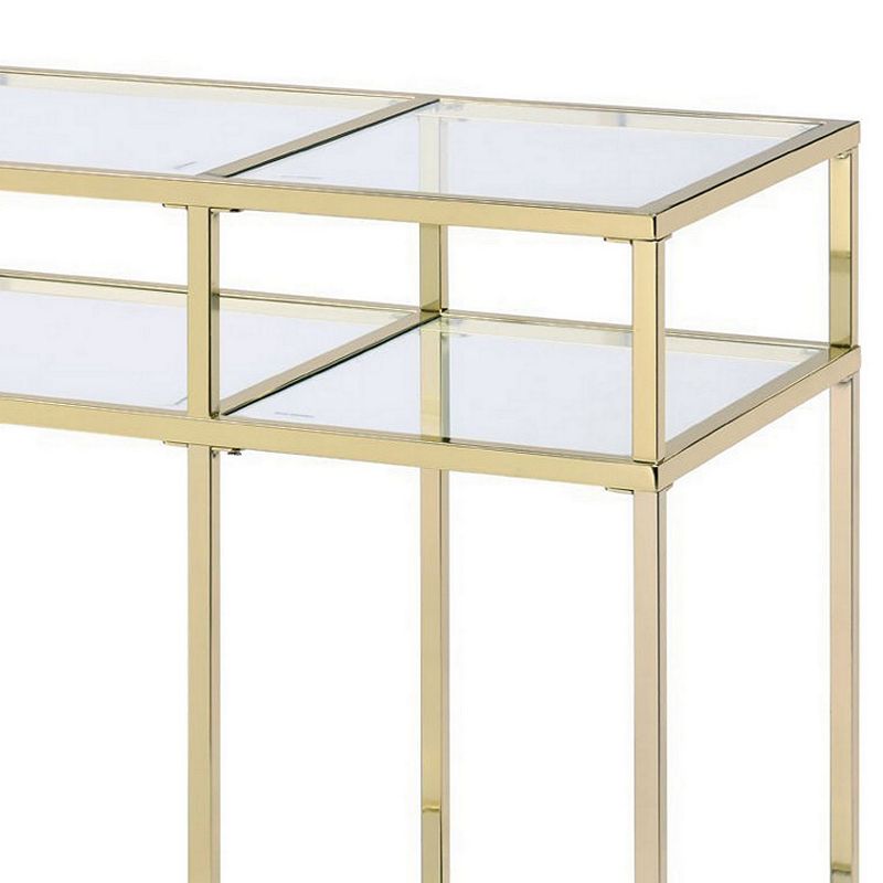 3 Tier Sofa Table with Glass Shelves and Metal Frame， Gold