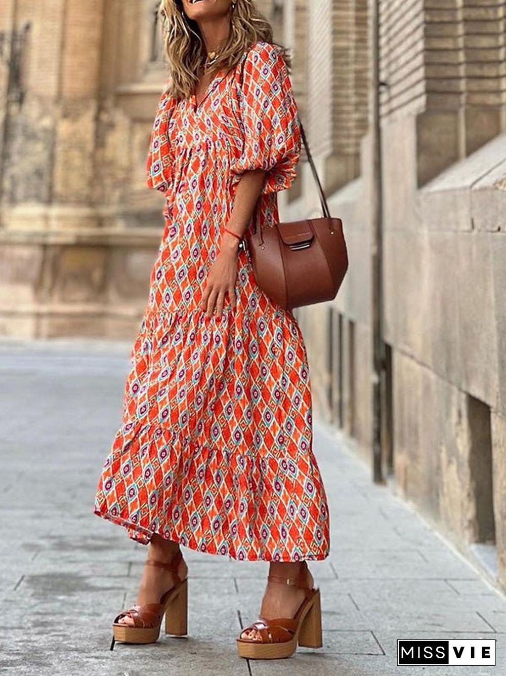 Women'S Dresses Bohemian Print Short Sleeve Dress