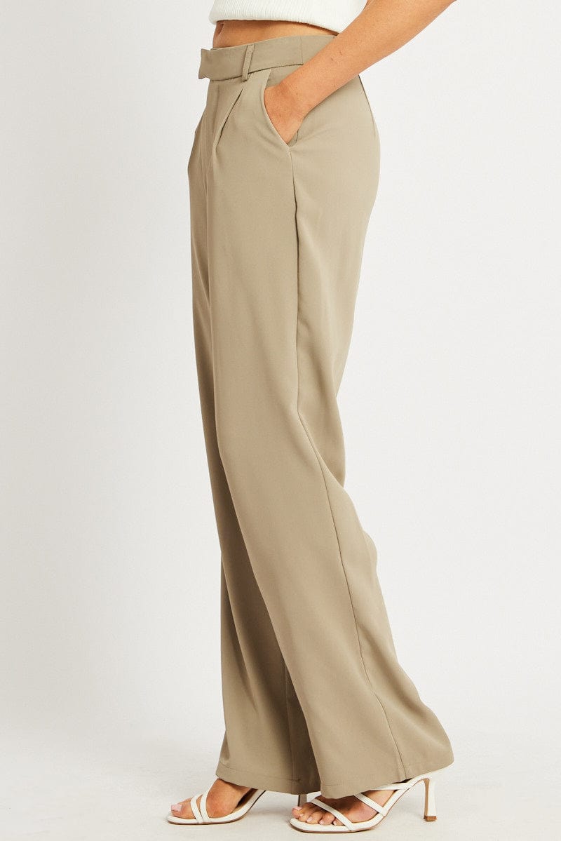 Brown Wide Leg Pants Mid Rise