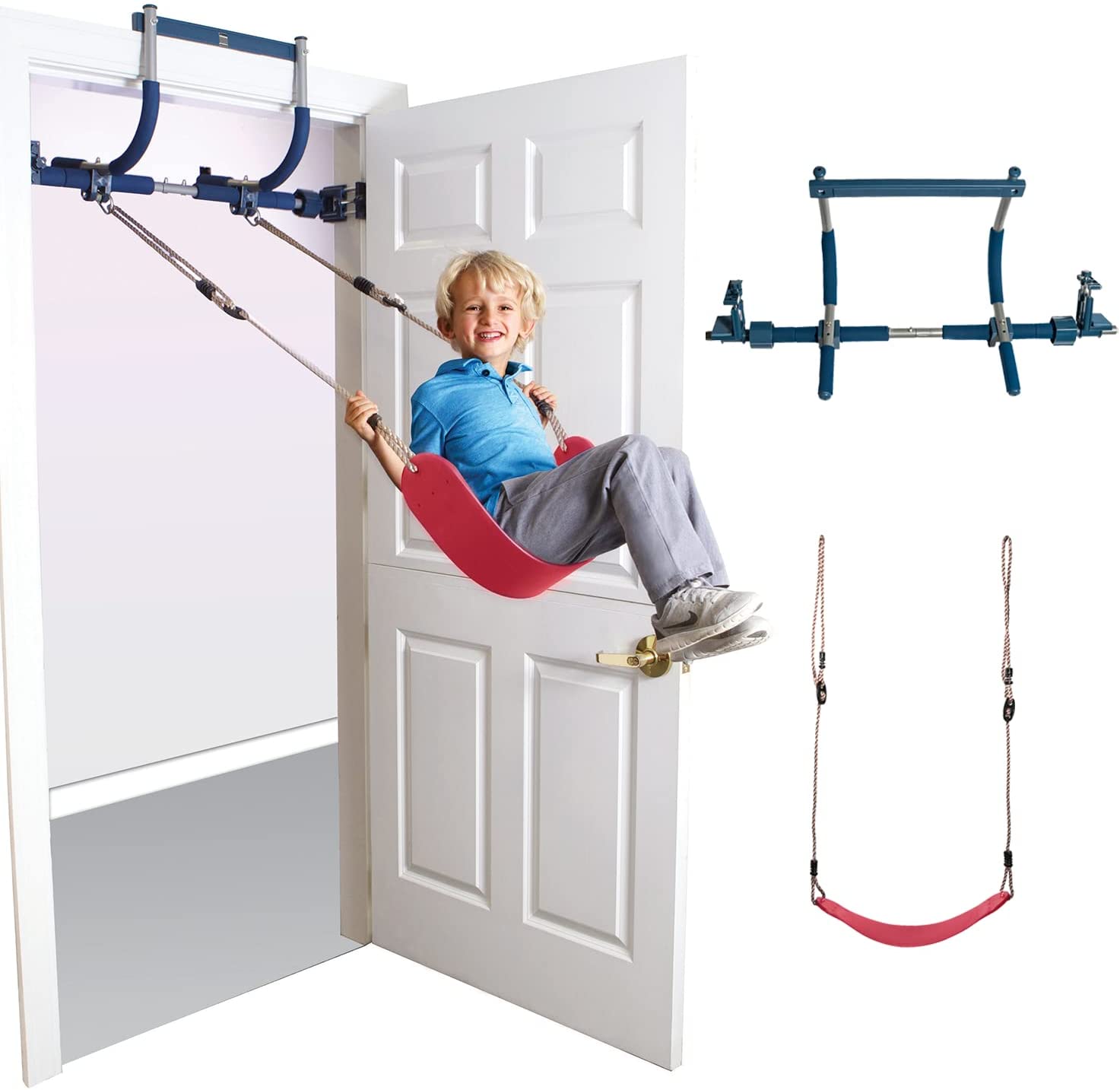 6 Piece Indoor Doorway Gym Set for Kids – Indoor Swing for Kids Includes Kids Swing Chair, Rings, Hanging Trapeze, Ladder, Swinging Rope & Pullup Bar