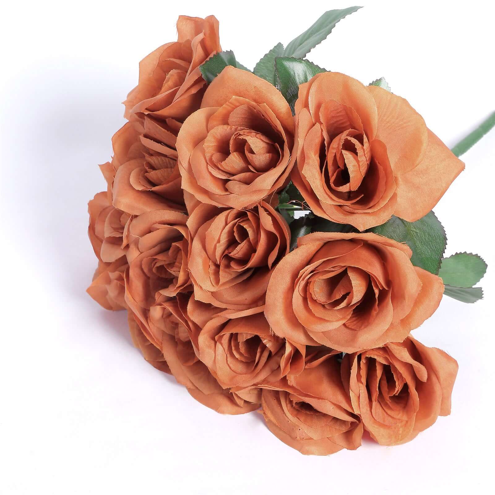 Terracotta (Rust) Artificial Velvet-Like Fabric Rose Flower Bouquet Bush 12