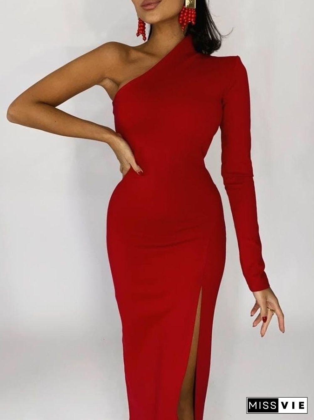 Red Elegant Dresses For Women Fashion One Shoulder Maxi Dress Bodycon Spring Summer Ladies Sexy Evening Club Party Dress