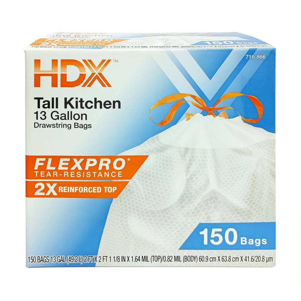 HDX FlexPro 13 Gallon Reinforced Top Drawstring Kitchen Trash Bags (150-Count) HD13XHF150W