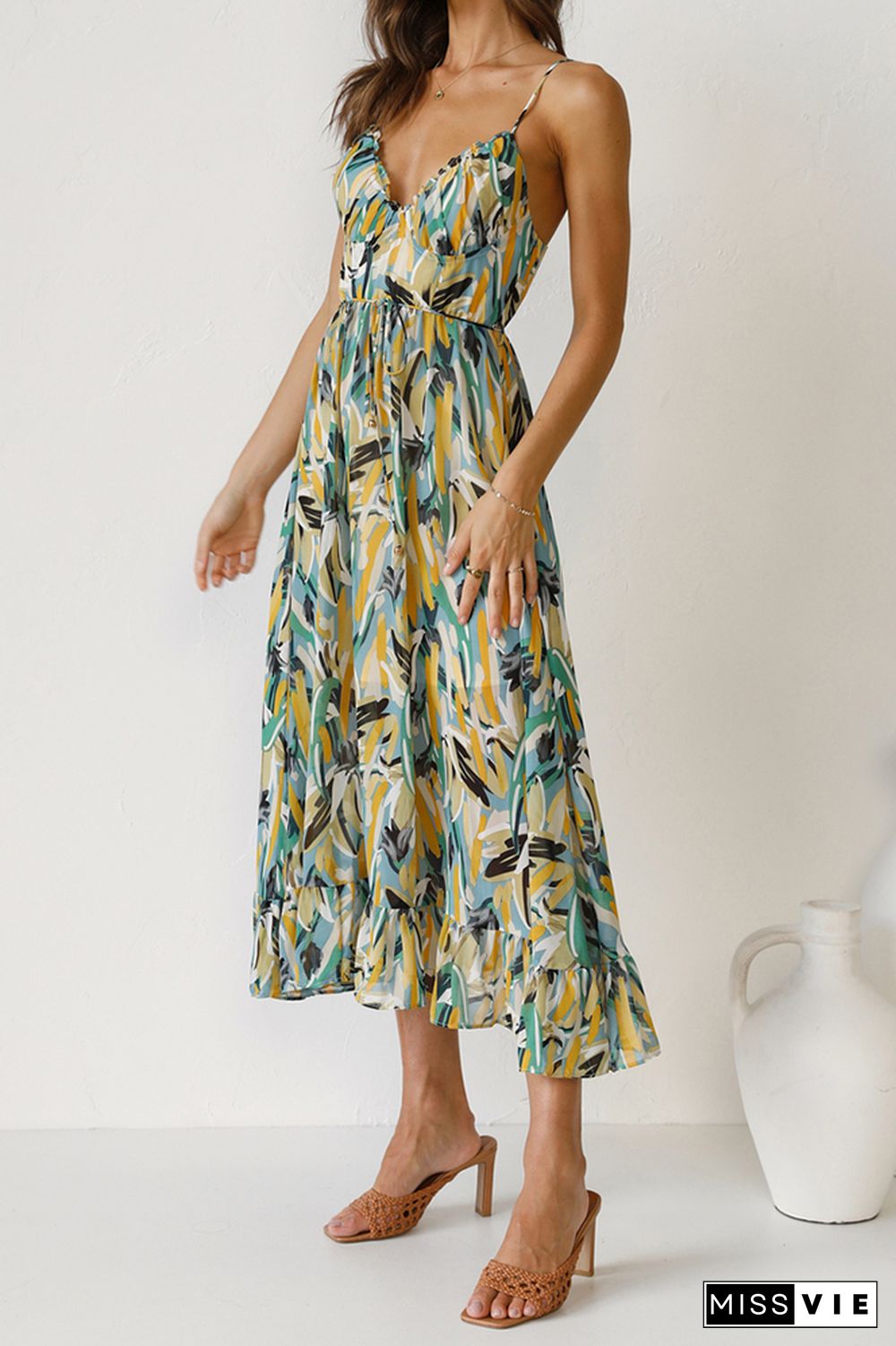 V Neck Halter Print Midi Dress Wholesale