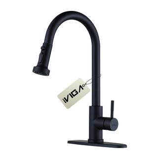 IVIGA Henassor Single Handle Pull-Down Sprayer Kitchen Faucet with Deck Plate in Black VG2312601B