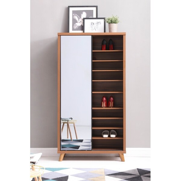 Joyner Walnut Wooden 9-shelf Shoe Cabinet with Mirror Door - - 37210452