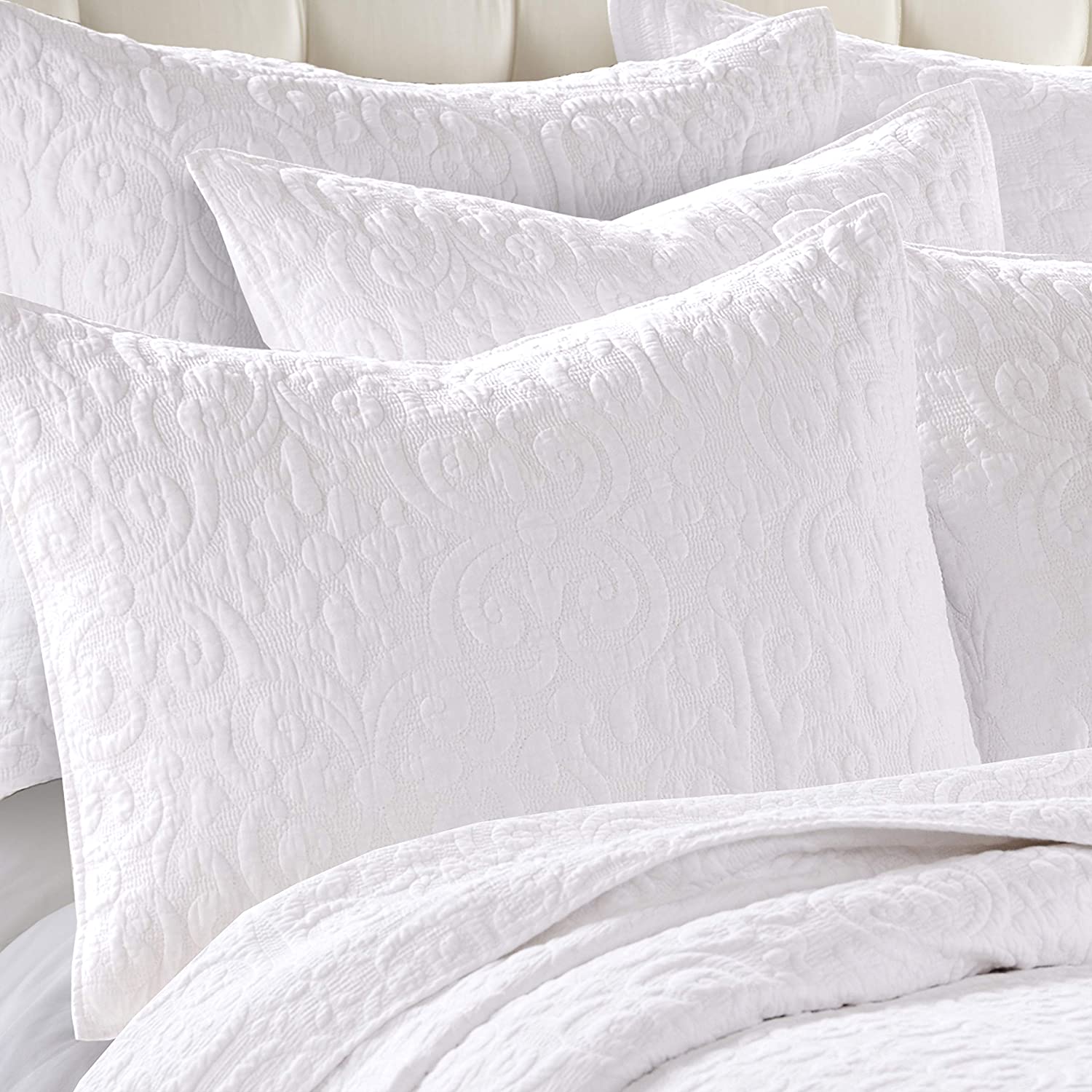 Levtex Home Birch Hill Sherbourne Quilt - Quilted Medallion White with White Stitch - Full/Queen Quilt (88x92) - Reversible Pattern - Cotton Front/Microfiber Reverse - Shams Sold Separately