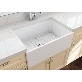 BOCCHI Contempo Farmhouse Apron Front Fireclay 27 in. Single Bowl Kitchen Sink with Bottom Grid and Strainer in White 1356-001-0120