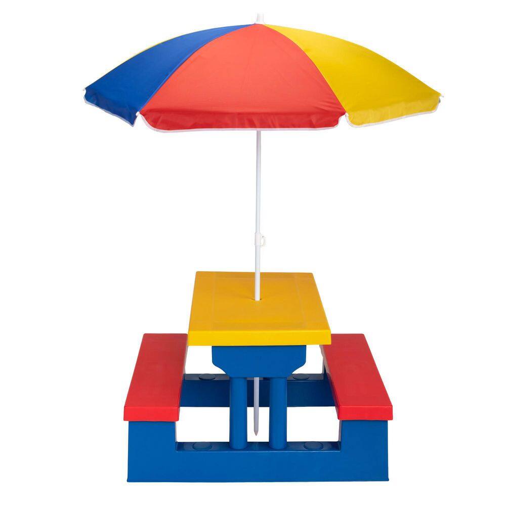 TIRAMISUBEST Yellow Plastic Kids Outdoor Picnic Table Set with Umbrella Kids Activity Play Table with Bench D0XY102HARINY