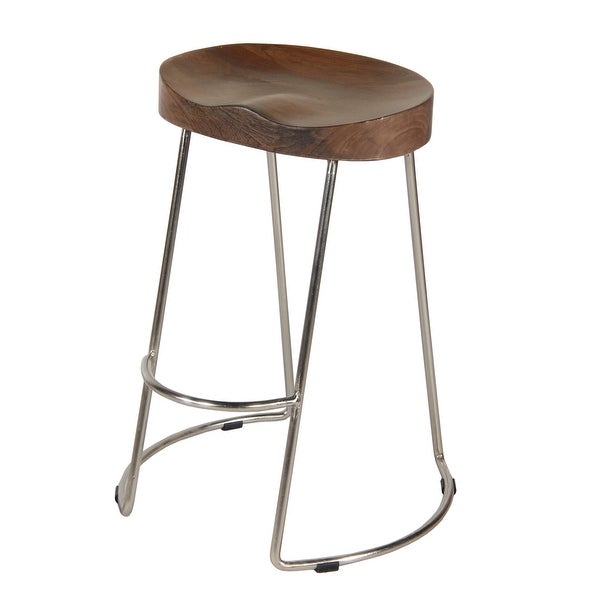 Ela 24 Inch Counter Height Stool with Mango Wood Saddle Seat， Iron Frame， Brown and Silver