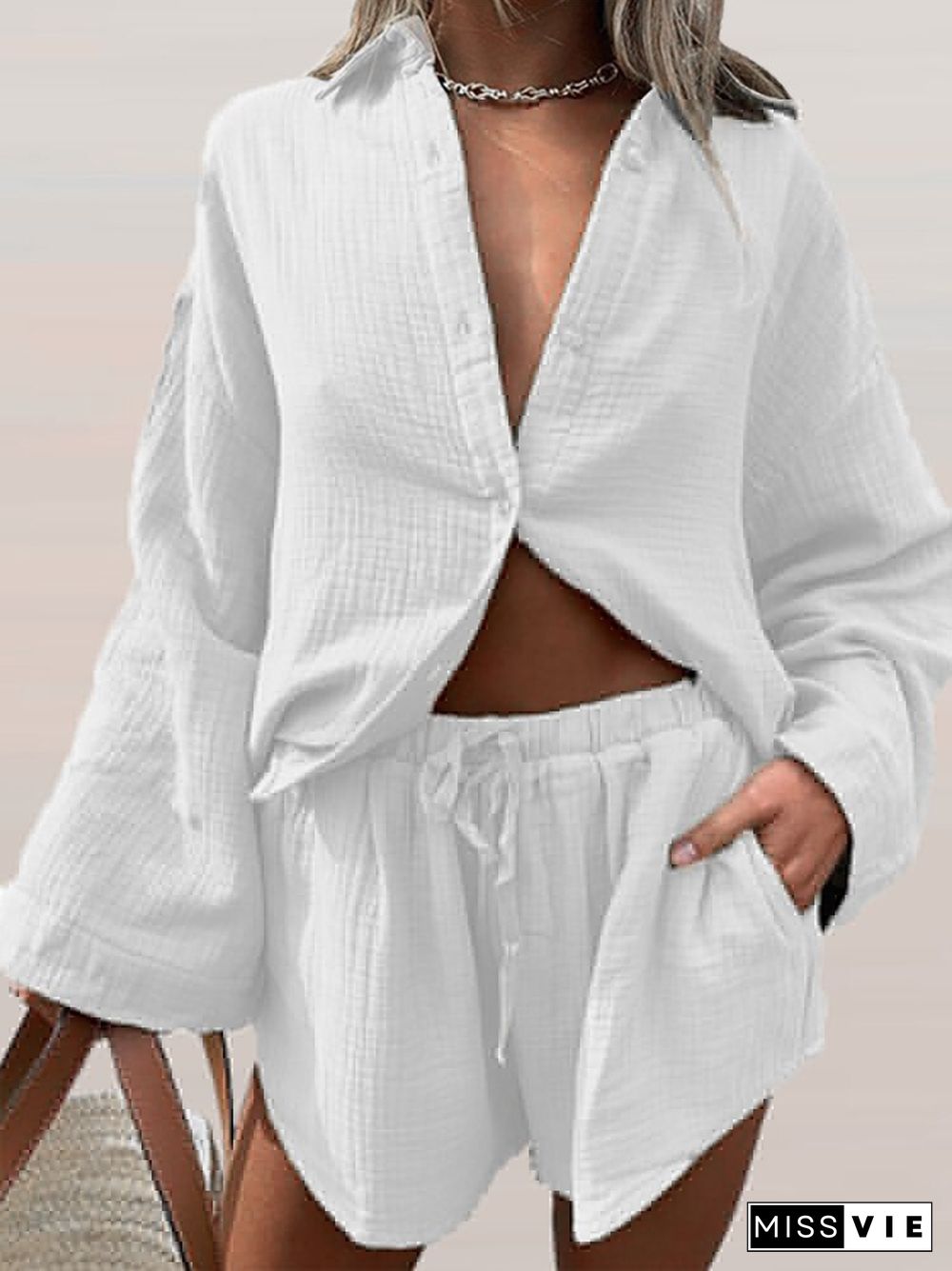 Elegant Lapel Single Breasted Loose Suit Solid Streetwear Outfit Women Long Sleeve Top & Shorts Cotton Linen Casual 2pc Set