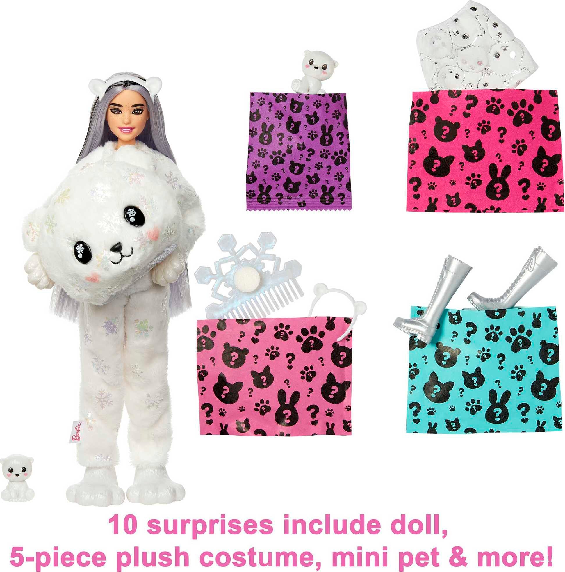 Barbie Cutie Reveal Snowflake Sparkle Fashion Doll, Polar Bear Plush Costume, Mini Pet & Accessories