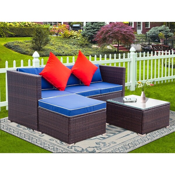 3 Piece Patio Aluminium Legs Wicker PE Rattan 2 Pillow Cushioned Outdoor Sectional Sofa Set with Glass Coffee TableandOttoman - Overstock - 35580408