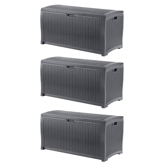 Suncast 73 Gallon Medium Wicker Indoor outdoor Storage Boxes For Garden Tools Pool Accessories And Patio Cushions Cyberspace 3 Pack