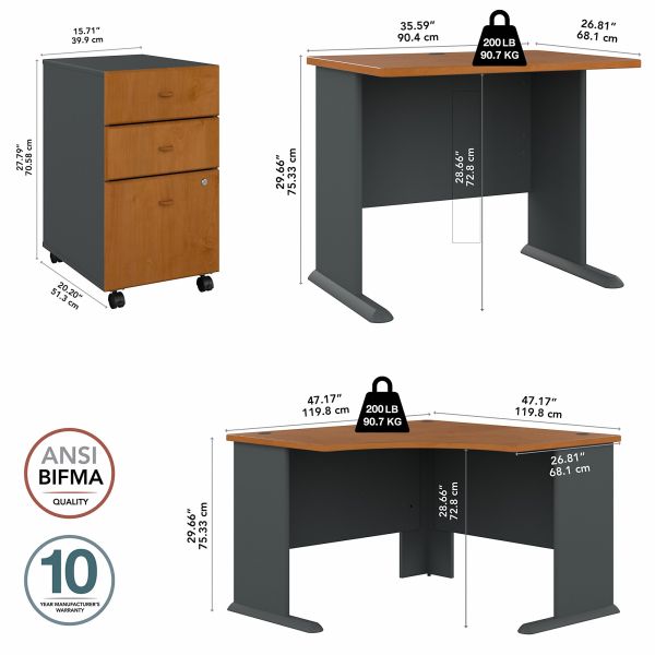 Bush Business Furniture Series A 48W Corner Desk with 36W Return and Mobile File Cabinet in Natural Cherry and Slate