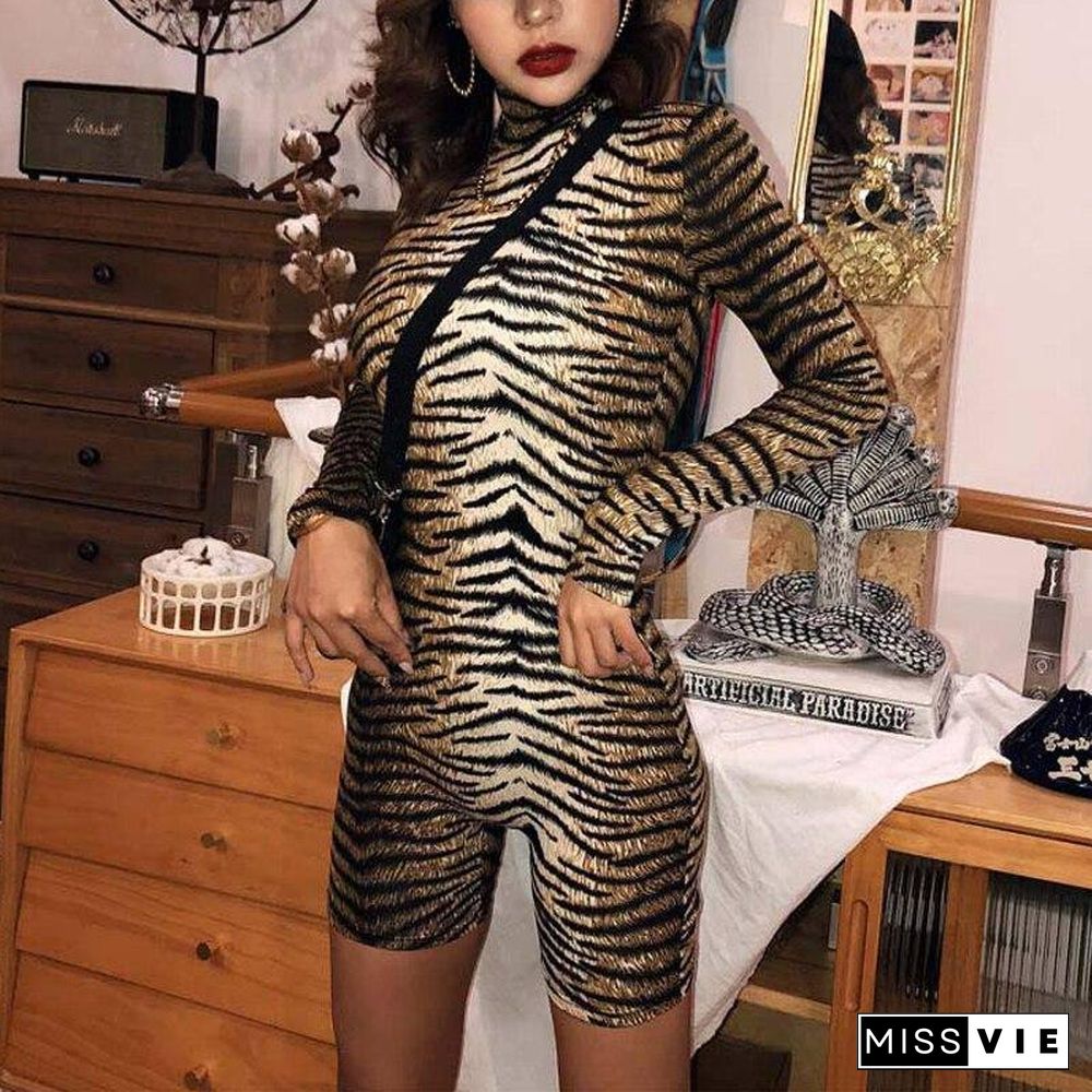 Autumn Leopard Playsuit Women Sexy Romper Tiger Pattern Playsuit Ladies Long Sleeve Short Jumpsuit Female