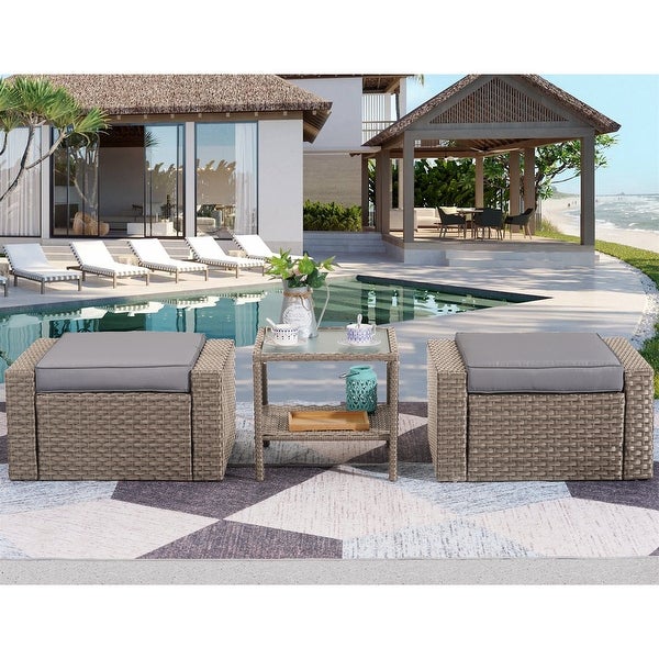 3 Piece Outdoor Ottomans with Glass Coffee Table - Overstock - 37928260