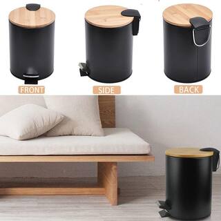 Dracelo 5 Liter Round Metal Trash Can with Bamboo Lid and Pedal and Removable Inner Wastebasket in Black B08N3XCR3B