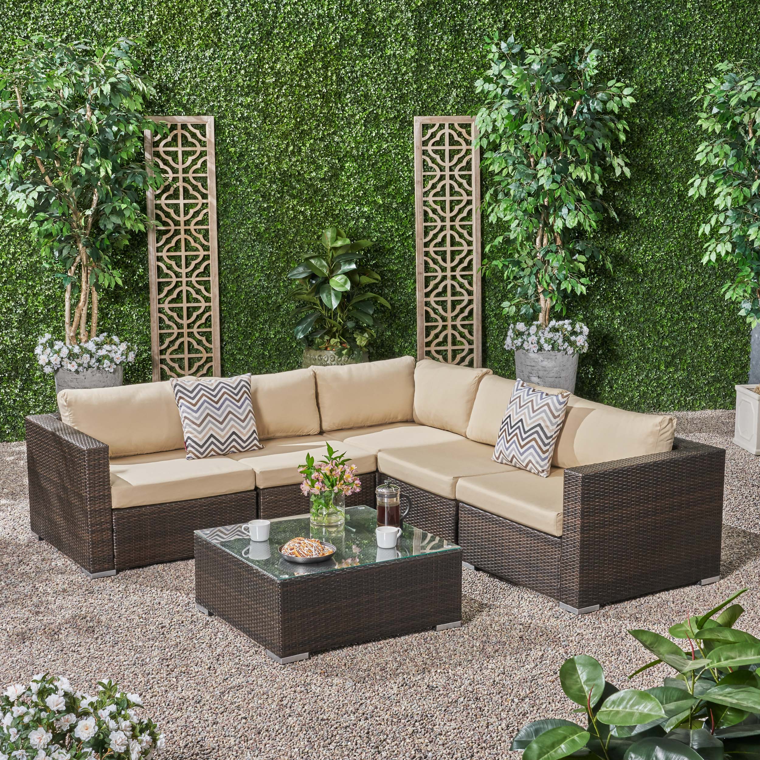 Kyra Outdoor 5 Seater Wicker Sectional Sofa Set with Sunbrella Cushions