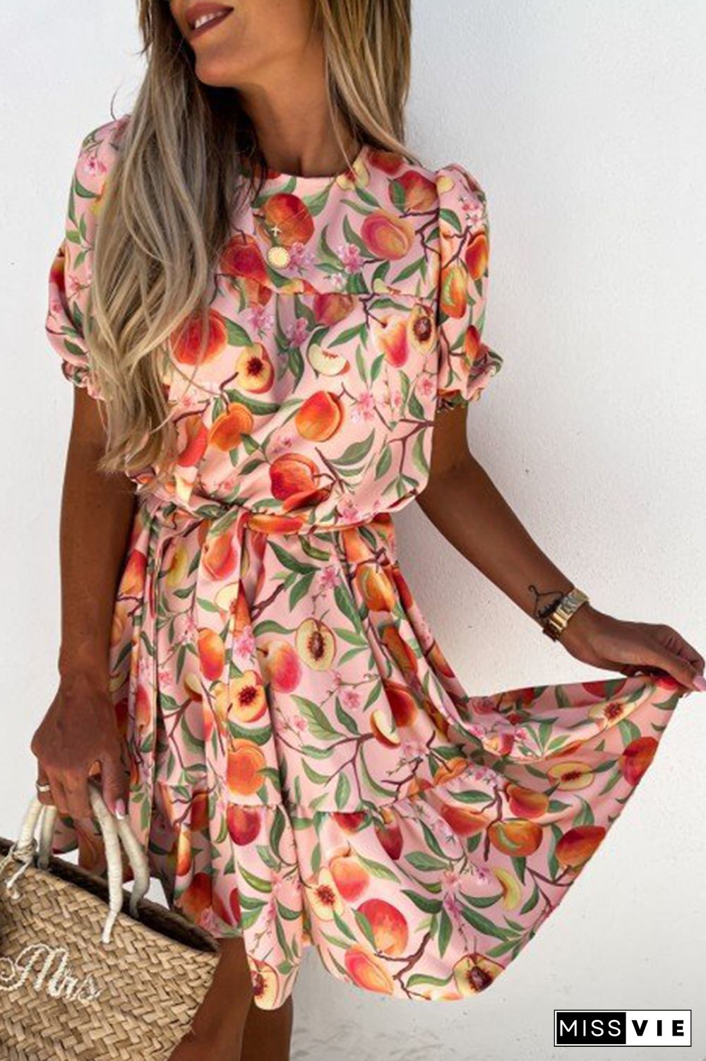 Fashion Elegant Floral With Belt O Neck A Line Dresses