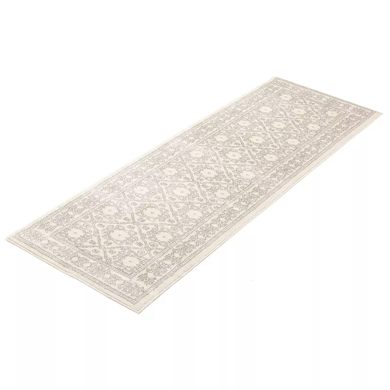 2.5' x 8' Cream and Gray Bordered Damask Rectangular Rug Runner