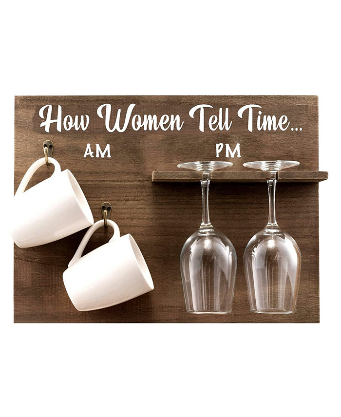 Bezrat How Woman Tell Time Wall Mounted Wine Rack with Wine Glasses and Coffee Mugs Set of 5