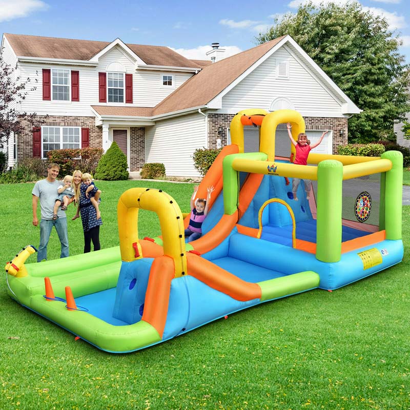 8-in-1 Giant Water Park Bounce House Inflatable Water Slide with Trampoline, Climbing Wall, Splash Pool, Water Gun & Sprinker