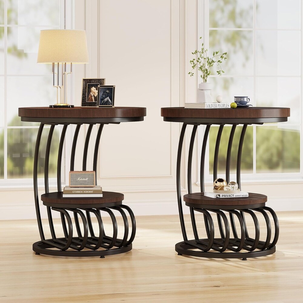 2 Tiers Round End Table  Side Table with Storage Shelf for Living Room