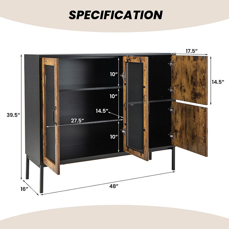 48 Industrial Kitchen Buffet Sideboard with Metal Mesh Doors and Anti-toppling Device-Brown