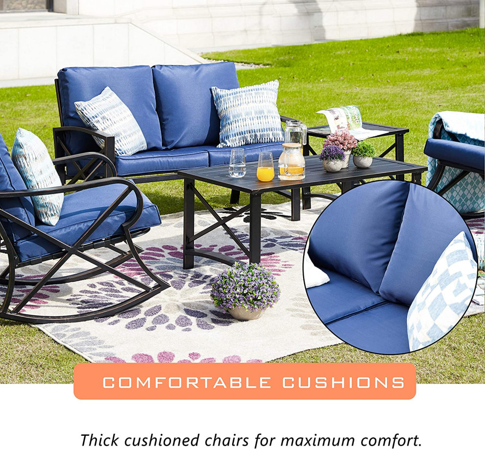 5 Pieces Patio Set  Rocking Chairs  ampLoveseat With Padded Seat and Back   Transitional   Side Tables And End Tables   by Declusia  Houzz