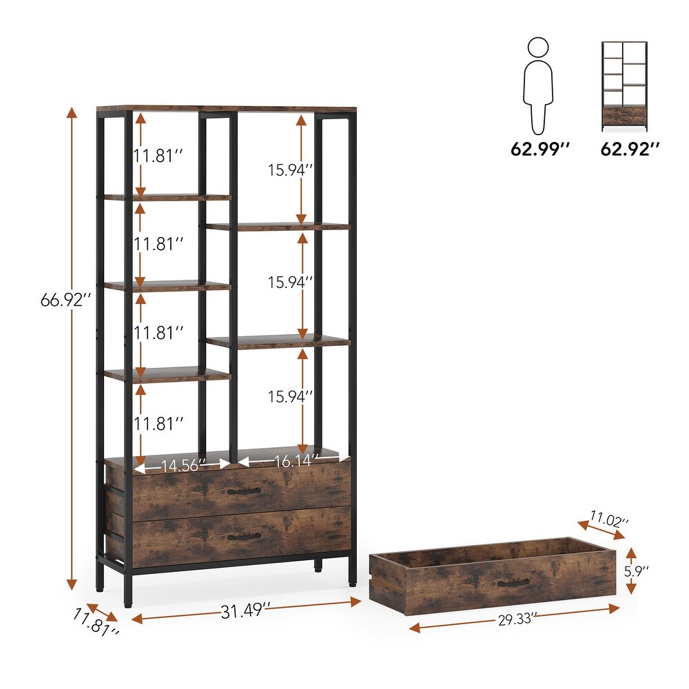 Tall Bookcase with Drawers  Industrial Bookshelves with Storage   31.49'' W x 11.81'' D x 66.92'' H