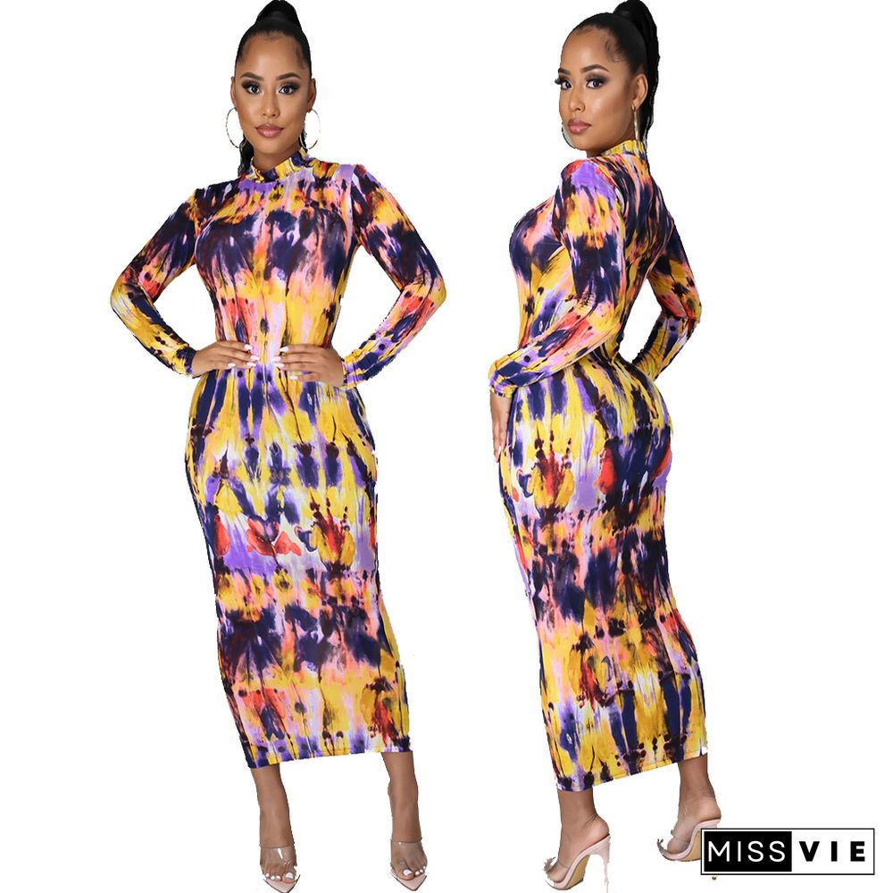 Tie Dye Printing Fashion Long Sleeve Round Neck Back Zipper Partywear Summer Bodycon Maxi Long Dress