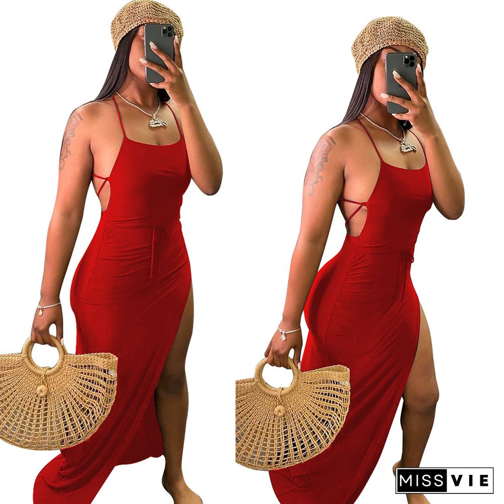 Women Sexy Solid Backless Halter Sling Bandage High Side Slit Slinky Evening Party Long Maxi Dress