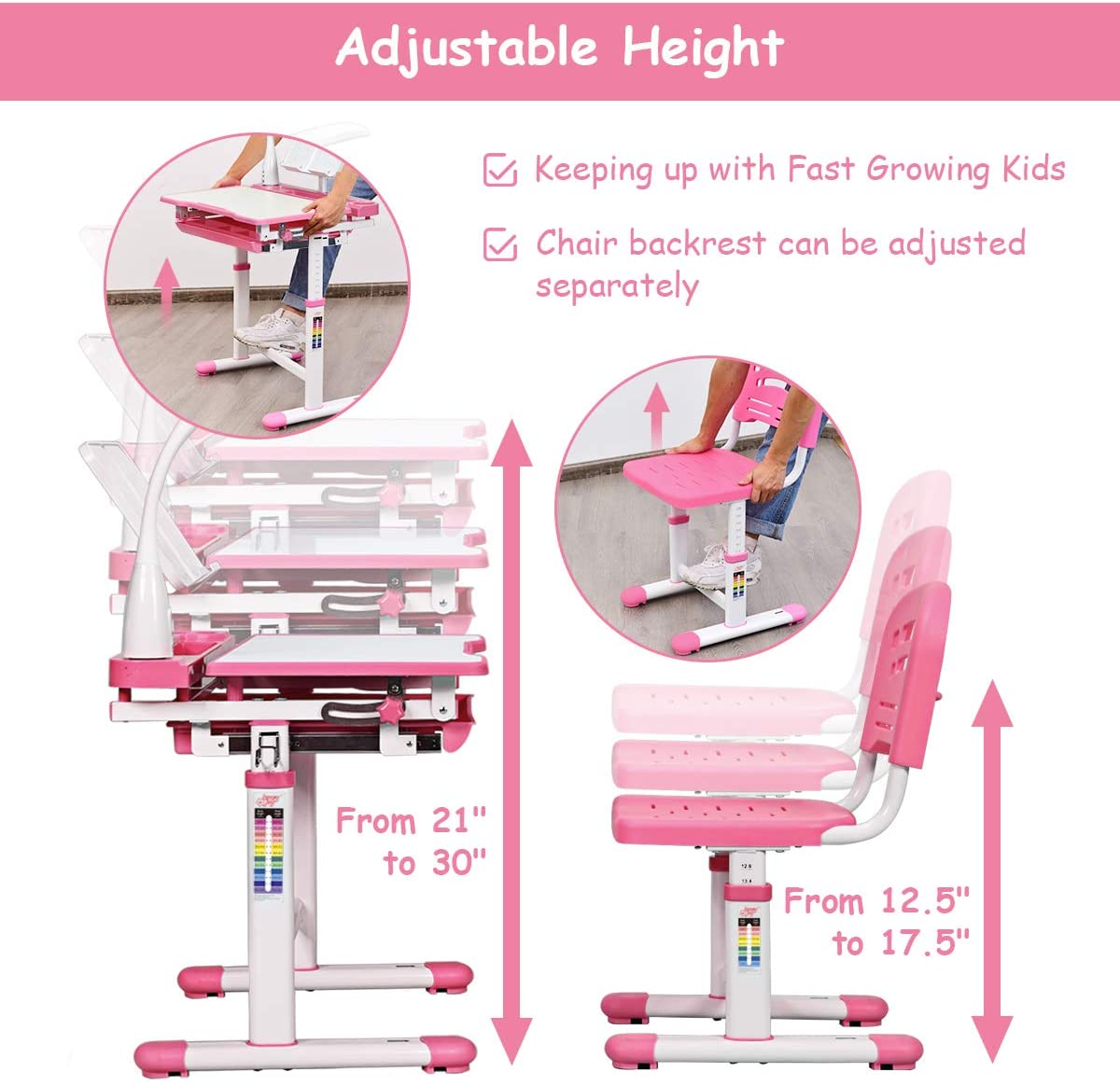 Baby Joy Kids Desk and Chair Set, Height Adjustable Child Desk Set w/LED Lamp, Bookstand, Tilt Desktop, Metal Hook