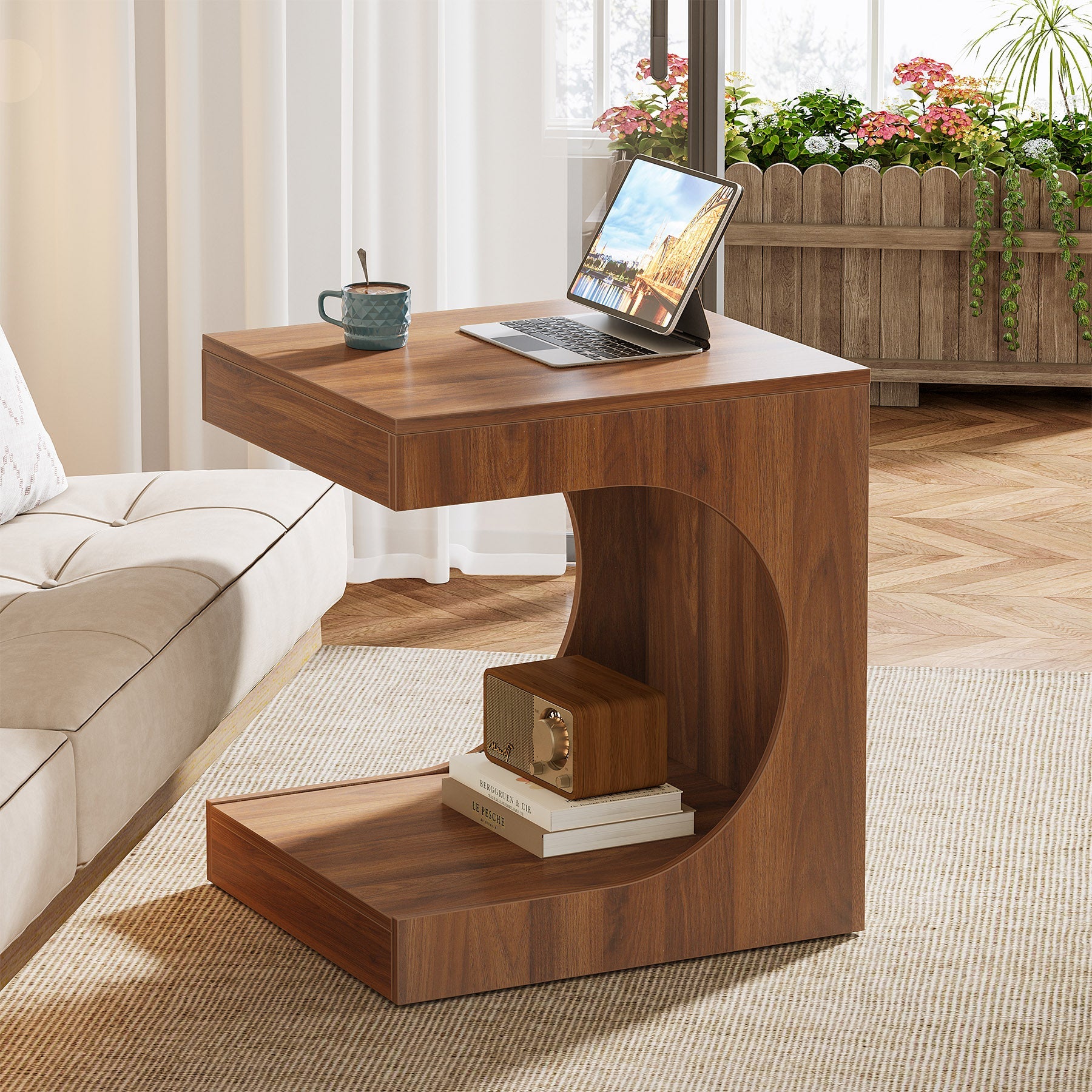 C-Shaped End Table, 2-Tier Wood Side Table Sofa Table