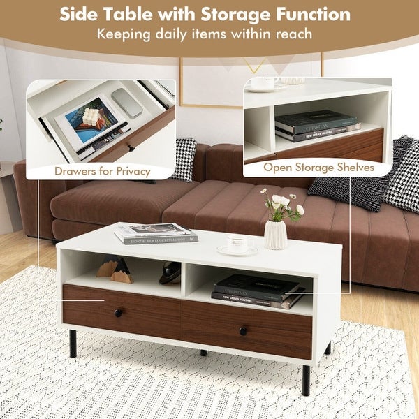 2 Tier 40 Inch Length Modern Rectangle Coffee Table with Storage Shelf and Drawers-White - 40