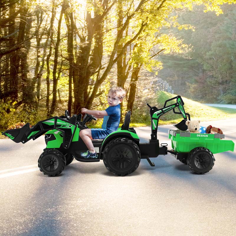 3-in-1 Kids Ride on Tractor Excavator Bulldozer, 12V Battery Powered RC Construction Vehicle with Trailer