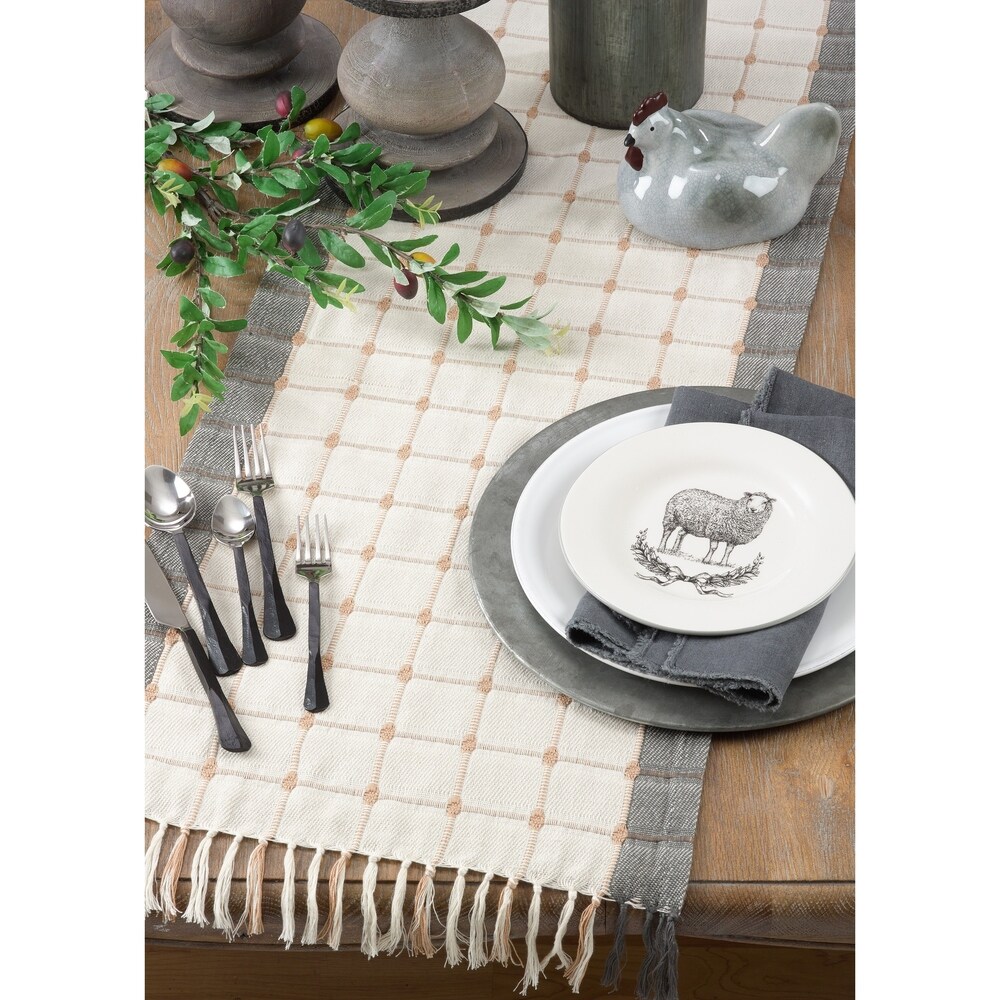 Woven Windowpane and Tassel Design Cotton Table Runner