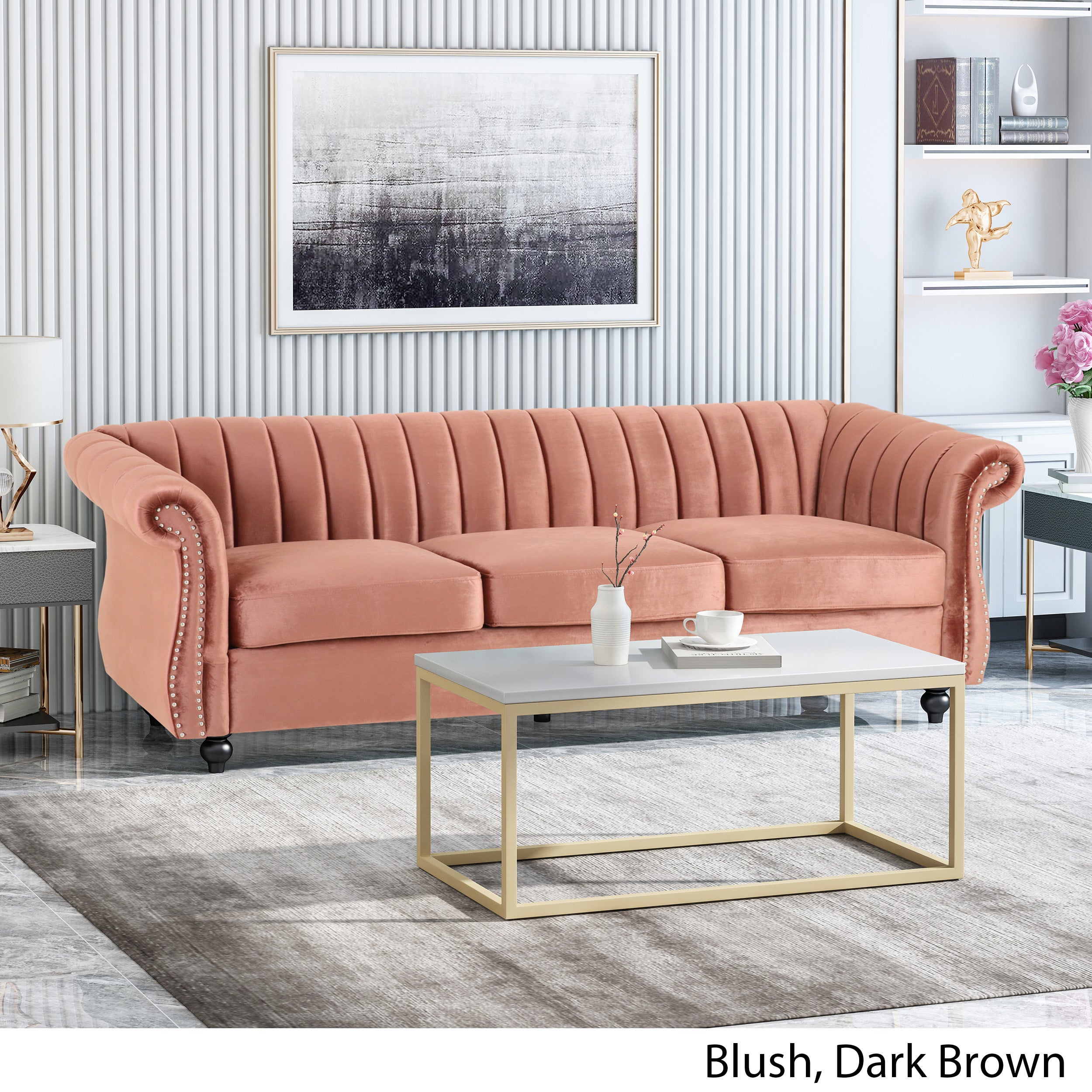 Noble House Kimmy Modern Tufted Velvet Sofa, Blush, Dark Brown