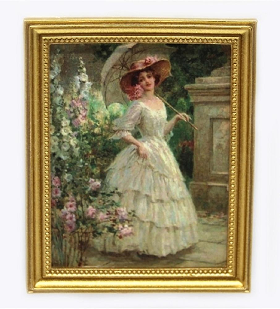 Dolls House Parasol In The Garden Painting Gold Frame Miniature Accessory 1:12