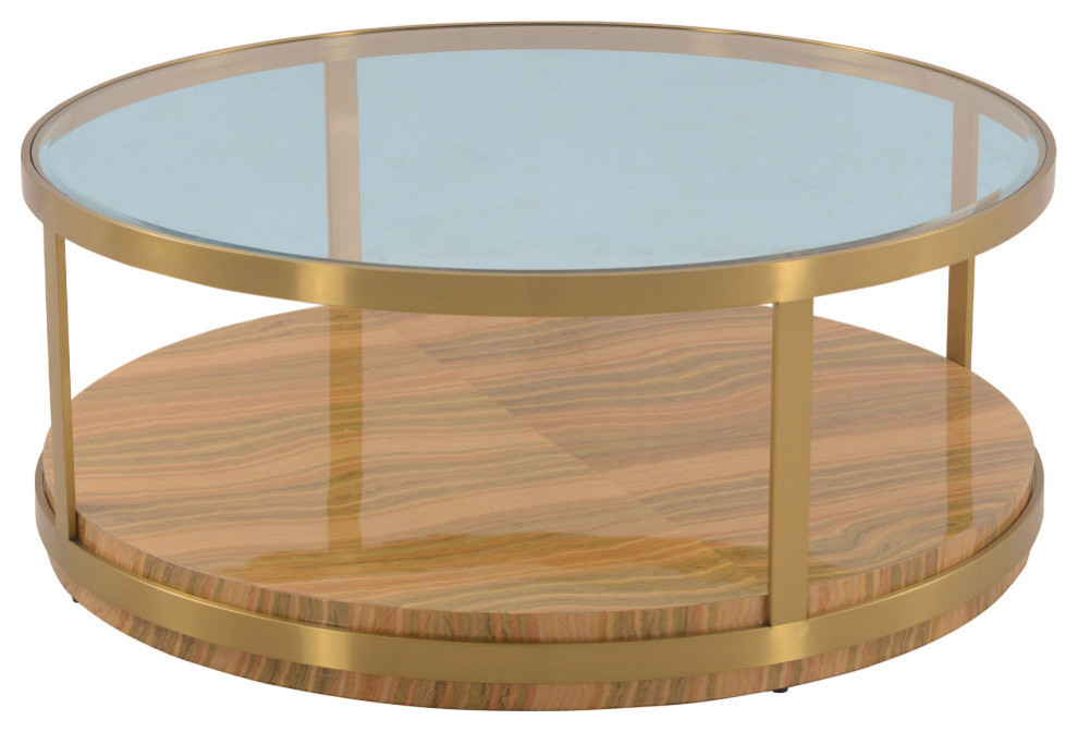 Hattie Glass Top and Wood Round Coffee Table With Gold Frame   Contemporary   Coffee Tables   by GwG Outlet  Houzz